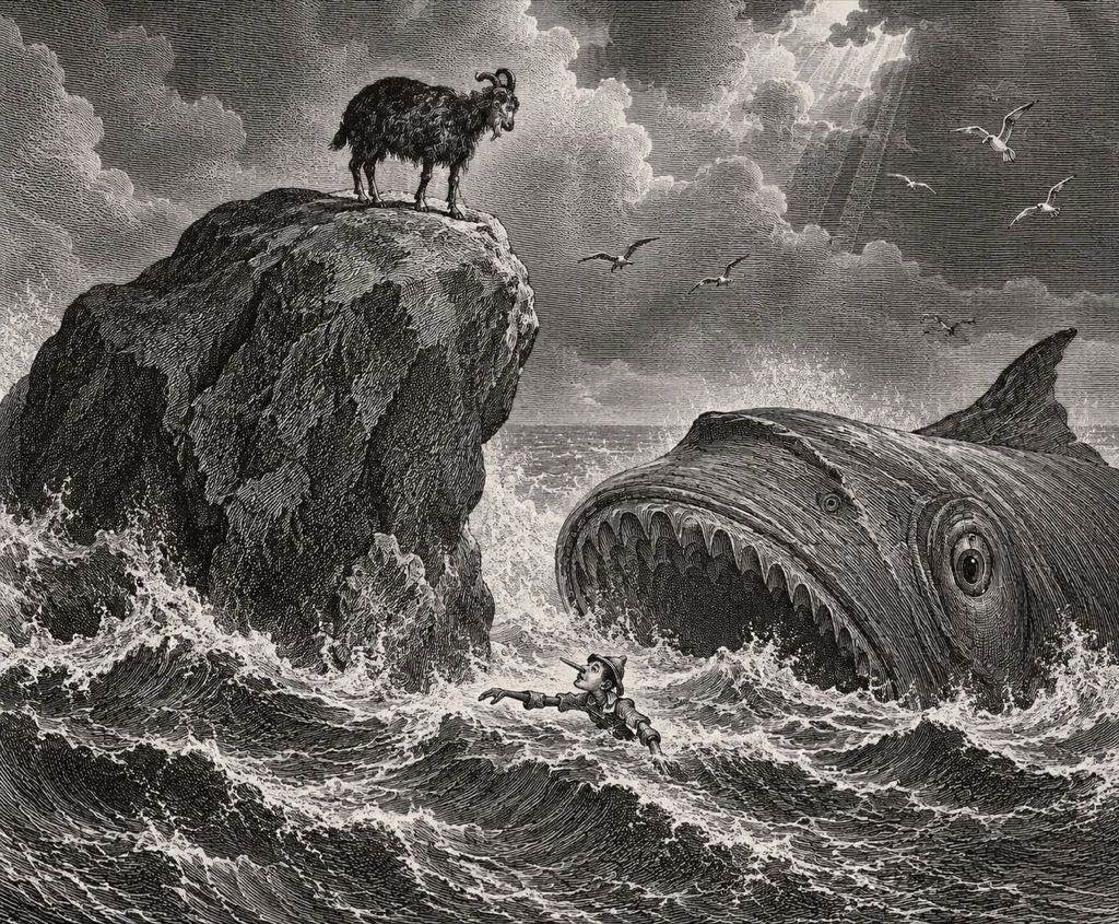 Incisione Di Pinocchio Tra Le Onde